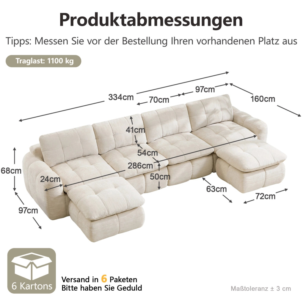 Divano modulare senza struttura in chenille beige; 334 × 160 × 68 cm