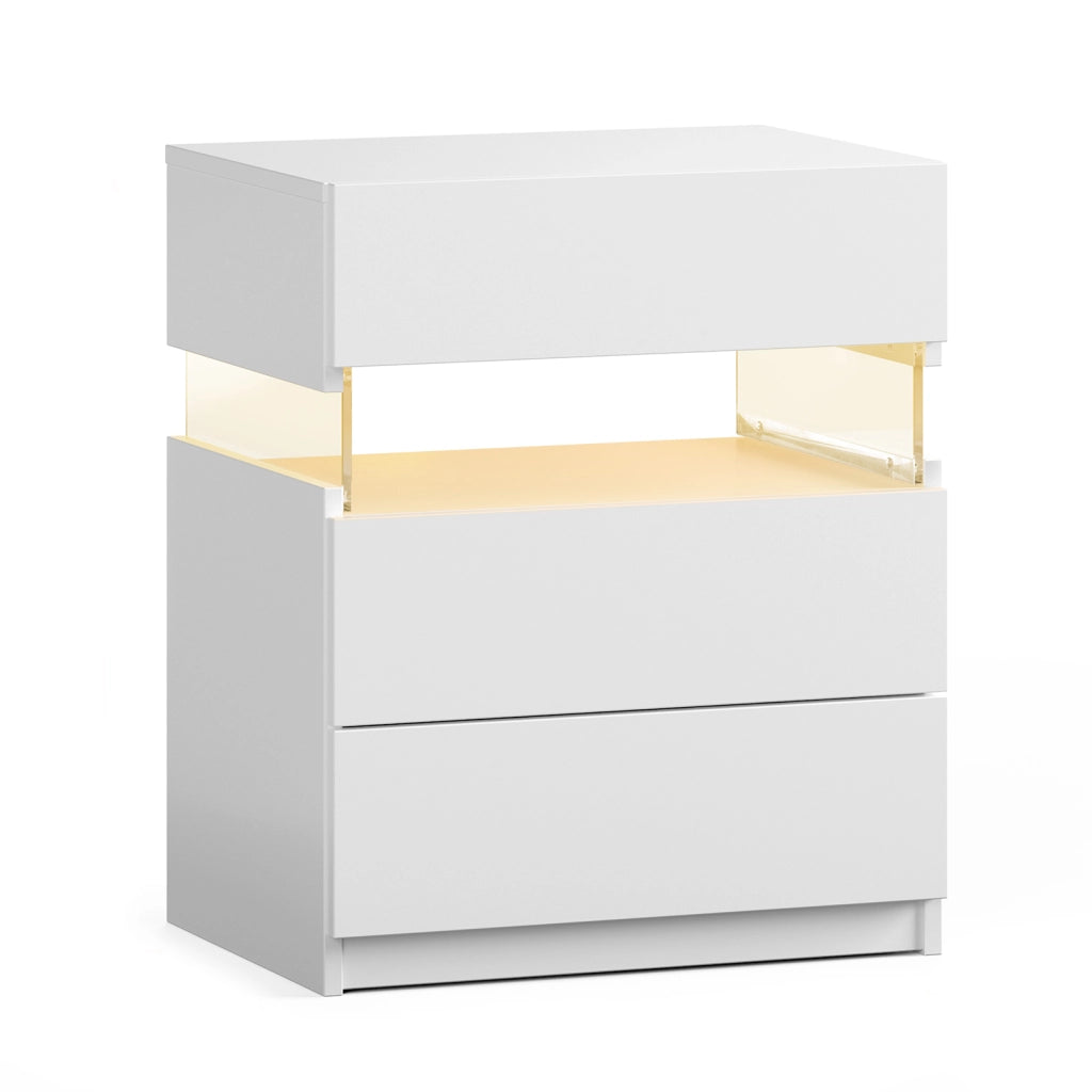 Comodino LED con 3 cassetti; pannello acrilico; per camera da letto e soggiorno; bianco