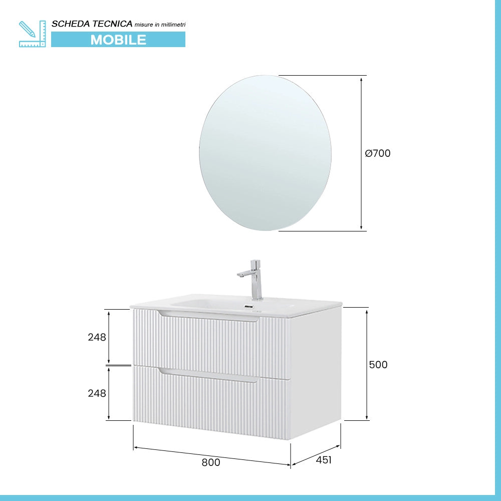 Mobile bagno sospeso 80 bianco cannettato doppi cassetto lavabo e specchio Wise