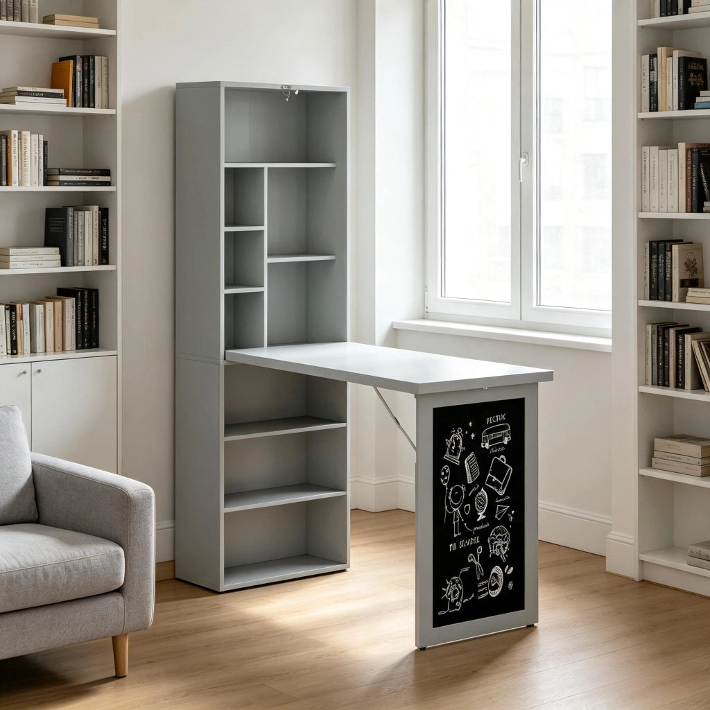 Scrivania pieghevole a parete con libreria e lavagna per home office, in MDF e legno, nero, 98 × 51 × 153 cm