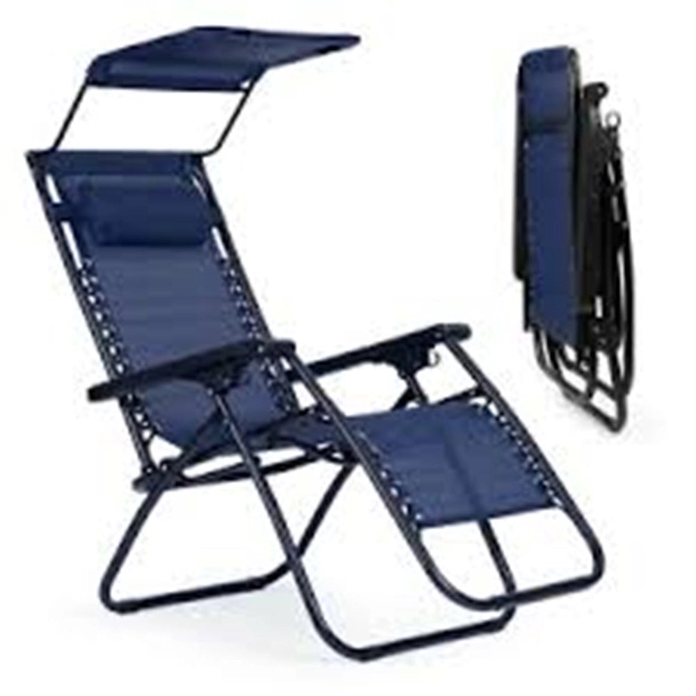 Trade Shop - Sedia Sdraio Con Parasole In Textilene Reclinabile Pieghevole Con Poggiatesta 483015 - Blu