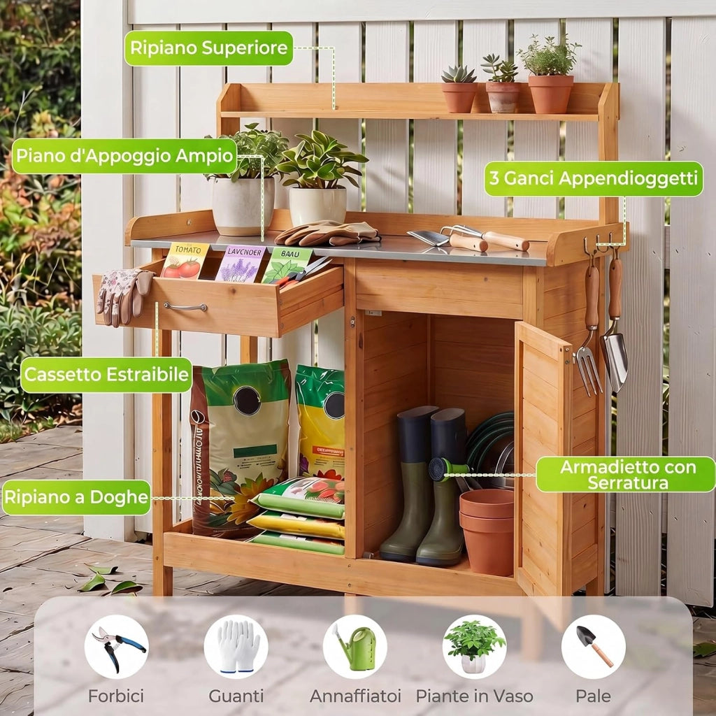 Tavolo da Giardinaggio in Legno con Piano in Acciaio (Legno) | Tavolo per Piante con Ripiani Aperti, Armadietto, Cassetto e 3 Ganci, Banco da Lavoro per Giardino e Balcone, 112x46,5x125 cm