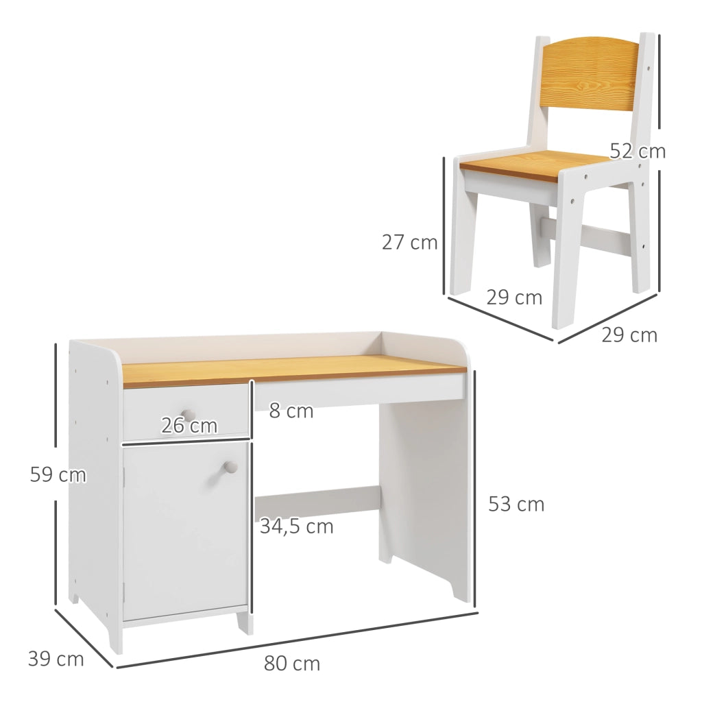 Scrivania Bambini con Sedia e Cassetto ¨C zephmum ¨C Bianco e Naturale 90x50x75 cm
