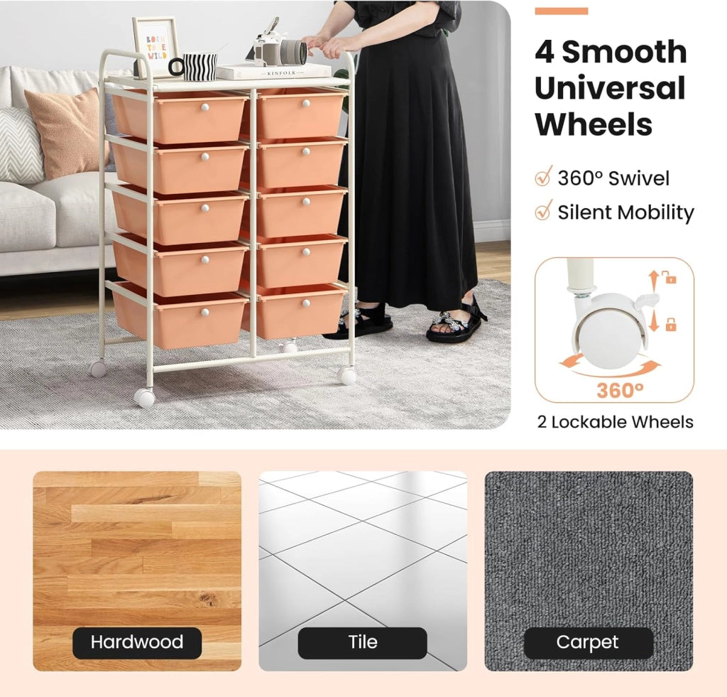 Carrello con 10 cassetti, impilabile, per cassetti, da cucina, bagno, ufficio, 65,5 x 37 x 87 cm (arancione chiaro)