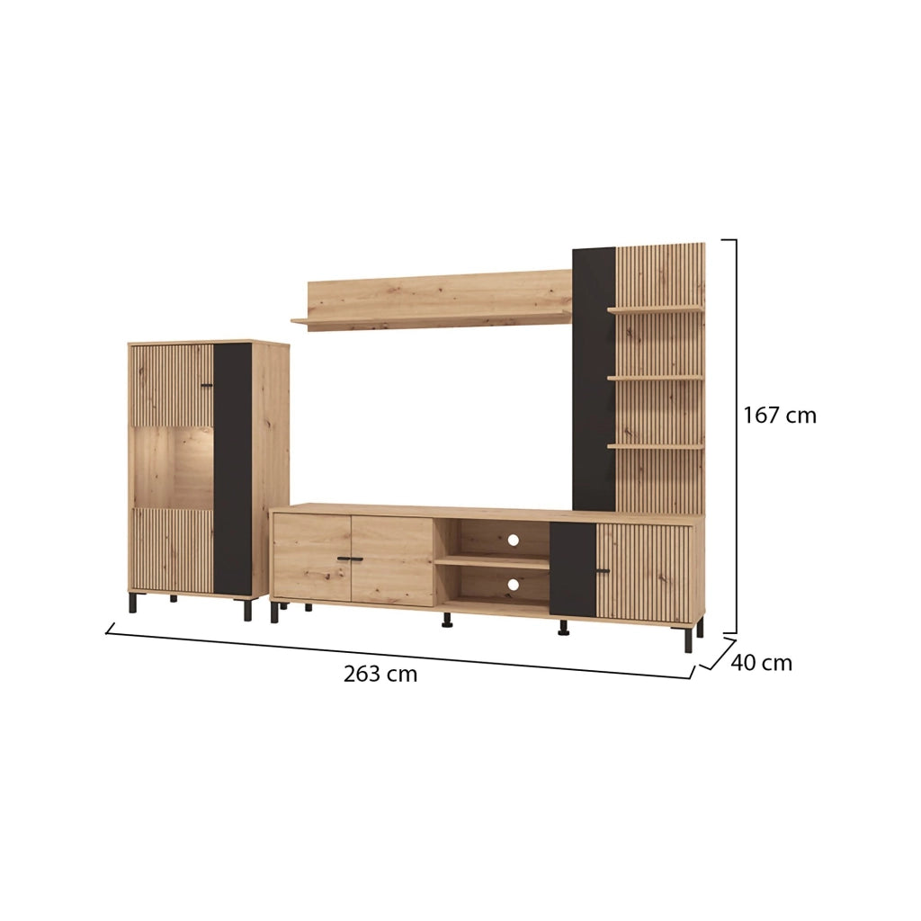 Mobile Soggiorno Petrona, Parete Attrezzata 8 Ripiani, 263x40x167h cm Marrone Rovere Nodi
