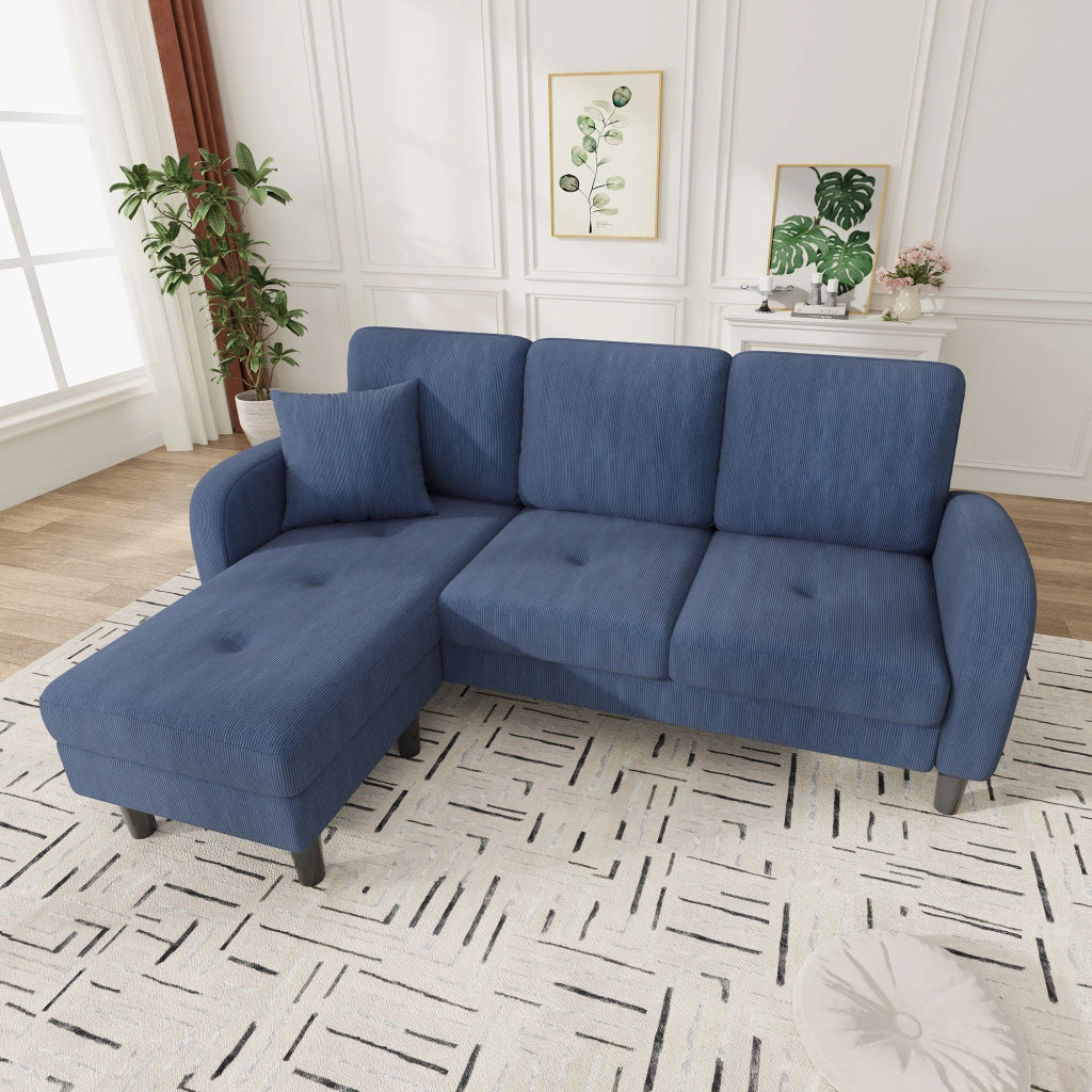 Divano angolare modulare 3 posti - con chaise longue reversibile - in tessuto a coste blu