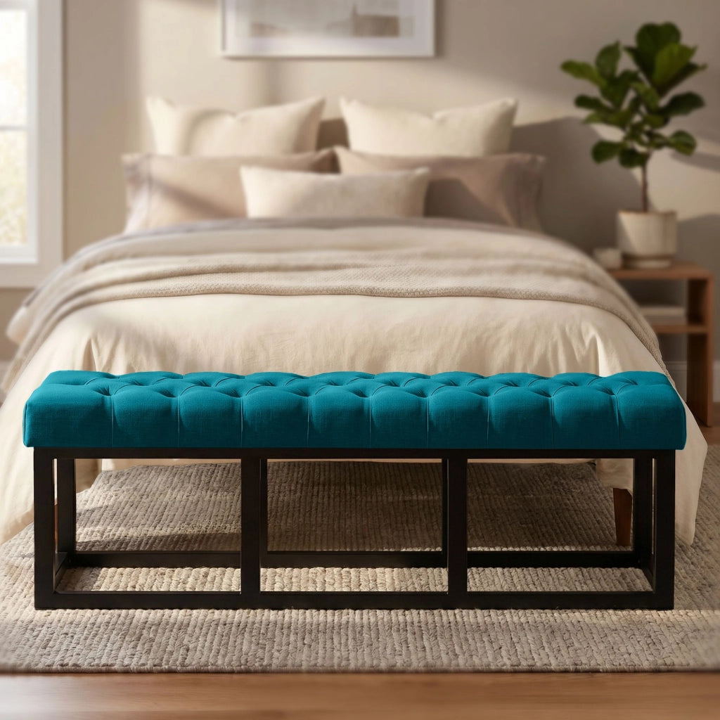 Panca design AMUN in metallo nero opaco e tessuto blu,150 cm