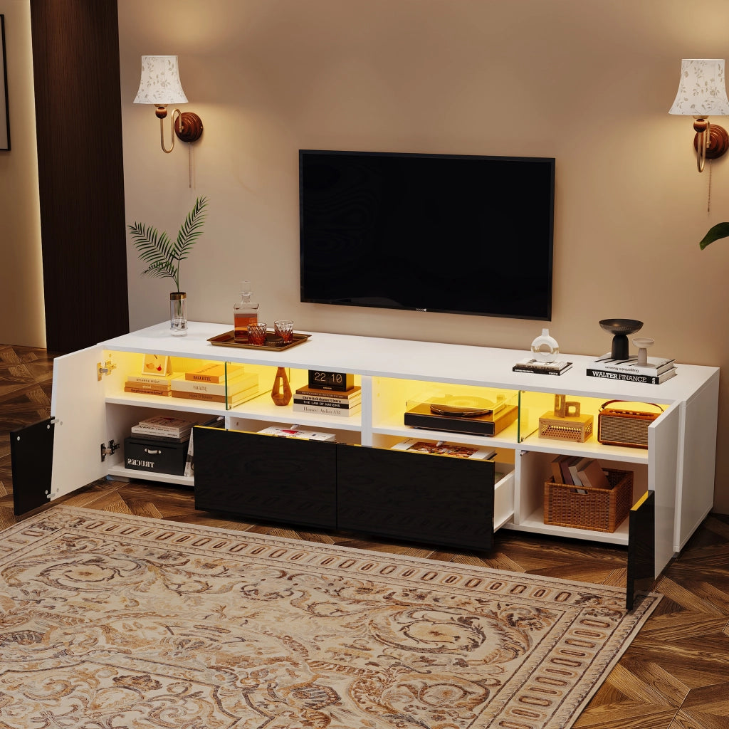 Mobile porta tv con led 2 ante 2 cassetti 4 vani aperti per soggiorno in mdf e vetro bianco e nero 180 × 38,5 × 45 cm