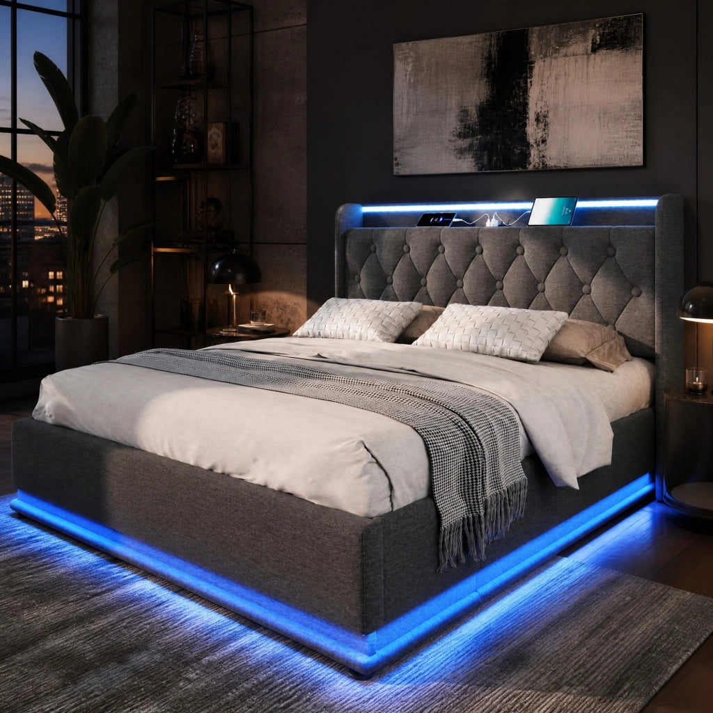 Letto imbottito 180x200 cm grigio con LED, USB-C e contenitore