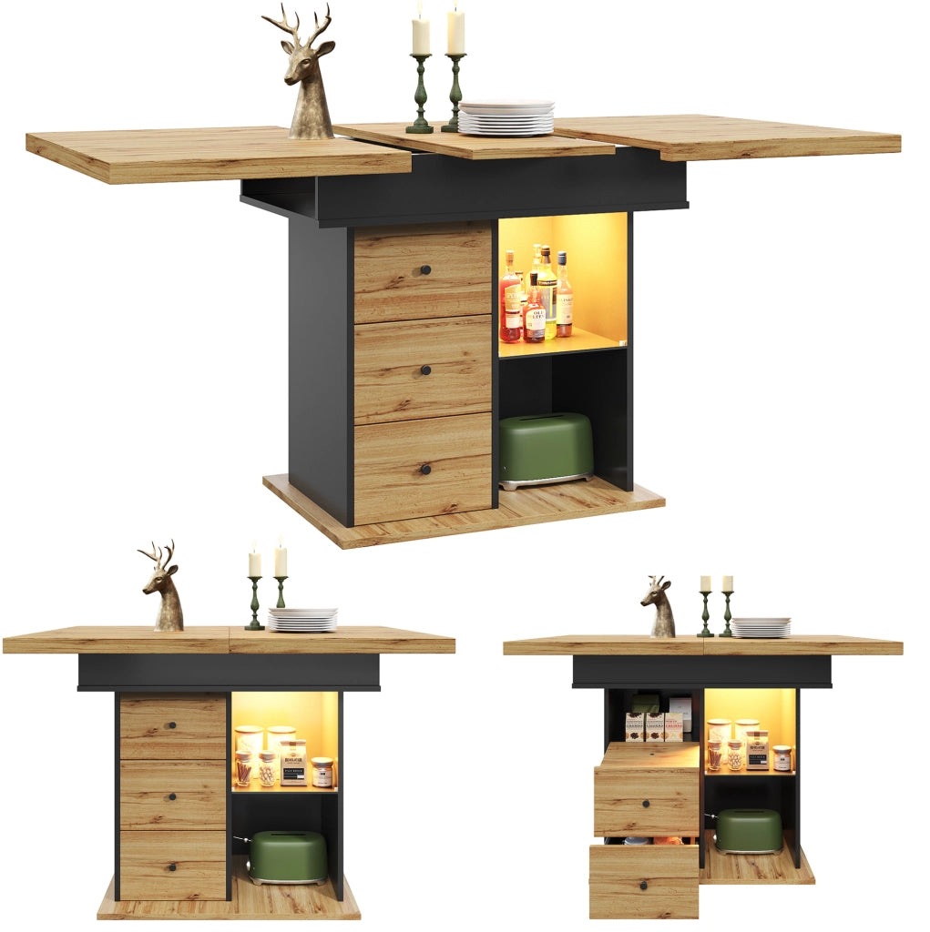 Tavolo da pranzo allungabile con LED, USB e vano contenitore 110-140x80 cm