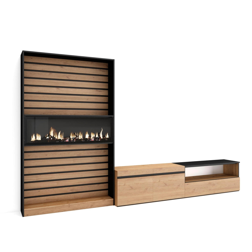 Mobile TV, Soggiorno, 310x35x186cm, Per TV fino a 80", Camino elettrico, colore Rovere e nero RF2859
