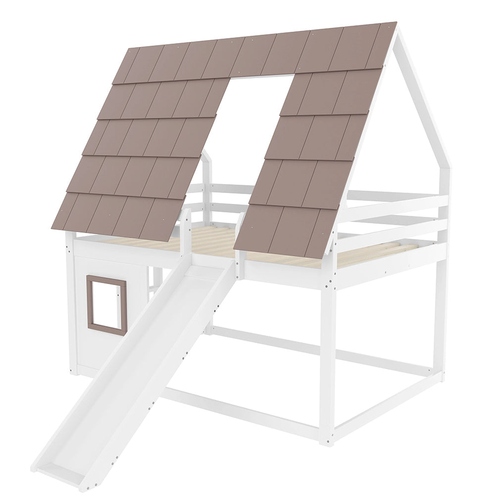 Letto a Castello con Tetto e Scivolo – Xylo – 140x200cm in Legno, Bianco/Marrone, con Scala