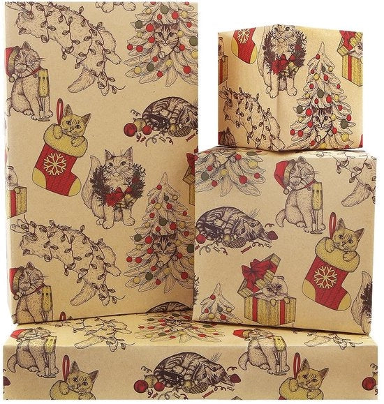 Pacco di carta per gatti - 4 fogli di carta kraft - carta decorativa per festa di compleanno - carta decorativa per Natale - carta da regalo per bambini - ideale per gli amanti dei gatti