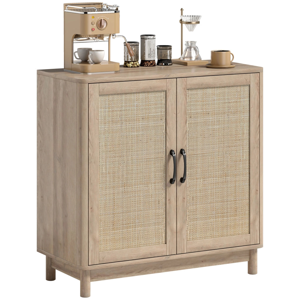 Mobile da soggiorno con 2 ante in rattan e ripiano regolabile ¨C Minimal ¨C 76x35x75,5 cm, quercia