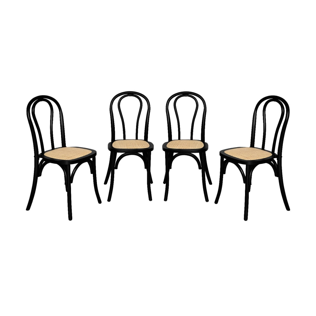 Set di 4 sedie vintage in legno e rattan, nero