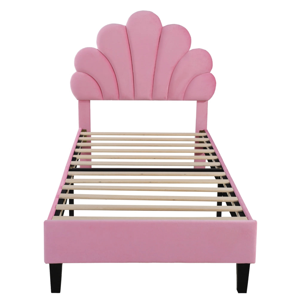 Letto imbottito 90x200 cm; testiera a fiore; velluto rosa (Senza materasso)