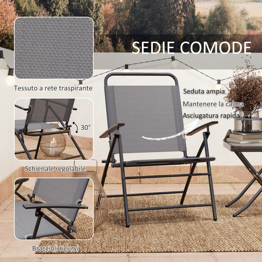 Set da Giardino 3 Pezzi Tavolo con Piano in Vetro e 2 Sedie Pieghevoli Grigio