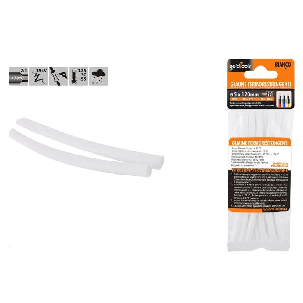 Trade Shop - Set 10pz Guaine Termorestringenti Termoretrattili Bianche 5x120mm Per Cavi 57068 -