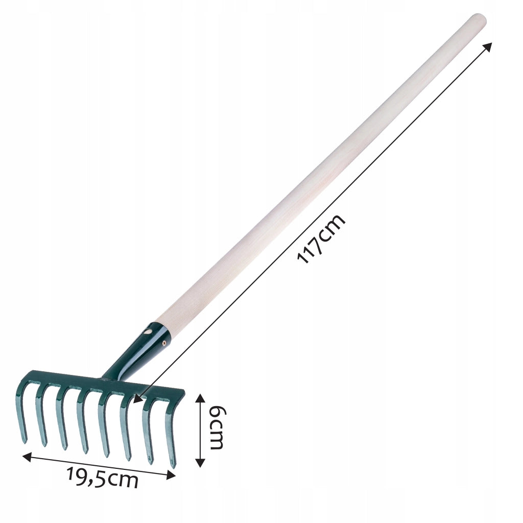 Rastrello per foglie KADAX, per giardino ed erba, con manico in legno, 117 cm, 8 denti solidi