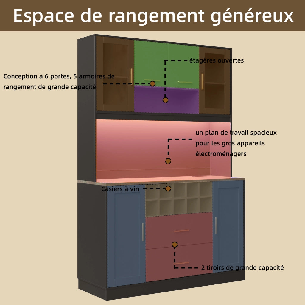 Credenza da Cucina Alta con 6 Ante; 2 Cassetti; Portabottiglie; LED e Prese USB; per Cucina; in MDF; Nero