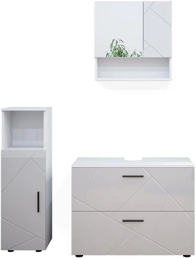 Set mobili bagno Irma, Bianco lucido, 80 cm, composto da mobile sottolavabo, specchiera e mobile medio