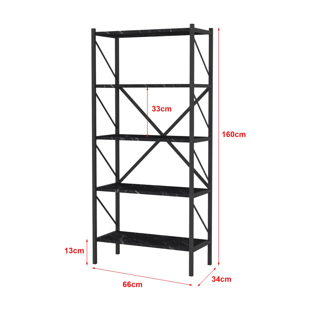 Scaffale da Terra 'Vanylven' Libreria a 5 Ripiani Mobile da Stoccaggio - Effetto Marmo Nero [en.casa]