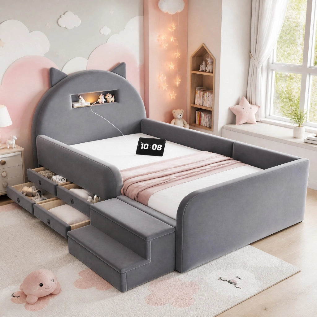 Letto imbottito per bambini 90x200 cm in velluto grigio scuro; testiera con luce notturna e USB