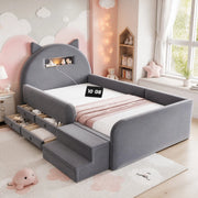 Letto imbottito per bambini 90x200 cm in velluto grigio scuro; testiera con luce notturna e USB