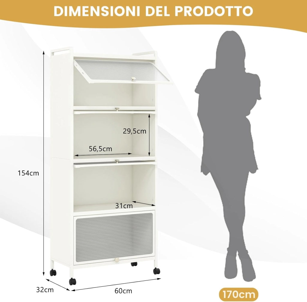 Armadio da Cucina a 5 Piani, Mobile per Microonde con Porte PC a Scomparsa, con 4 Ruote Girevoli, per Sala da Pranzo Soggiorno e Studio, 60x32x154 cm (Bianco)