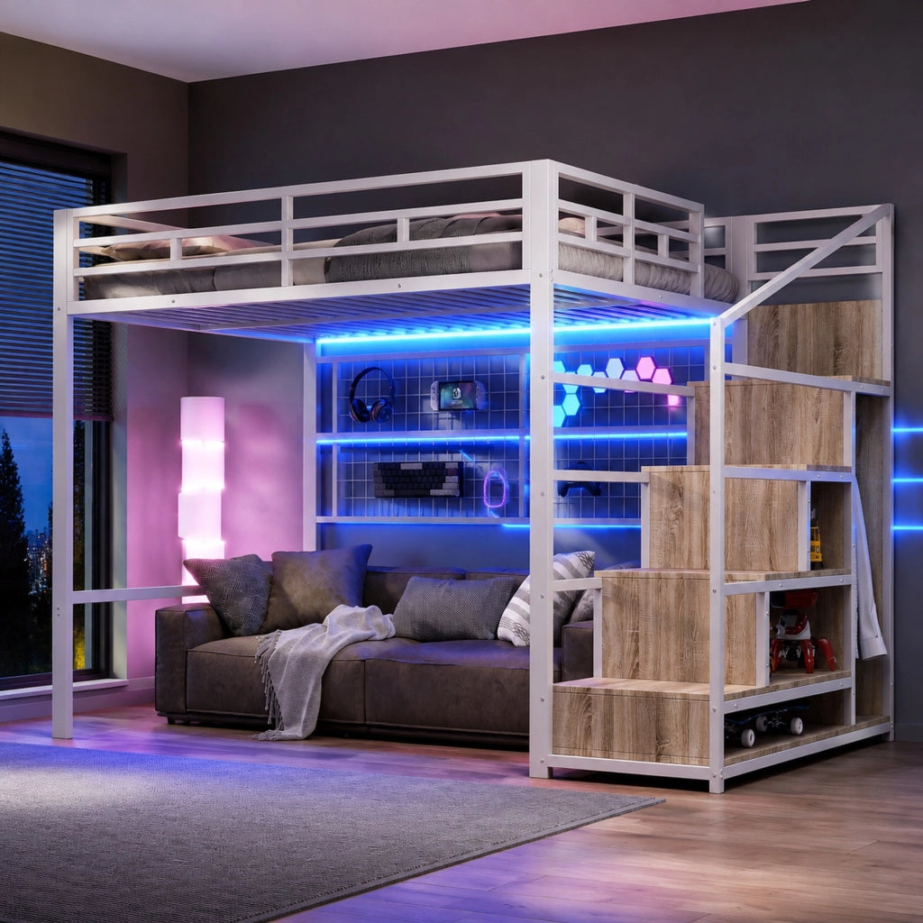 Letto a soppalco 140x200 con scala contenitore, griglia sospesa e LED