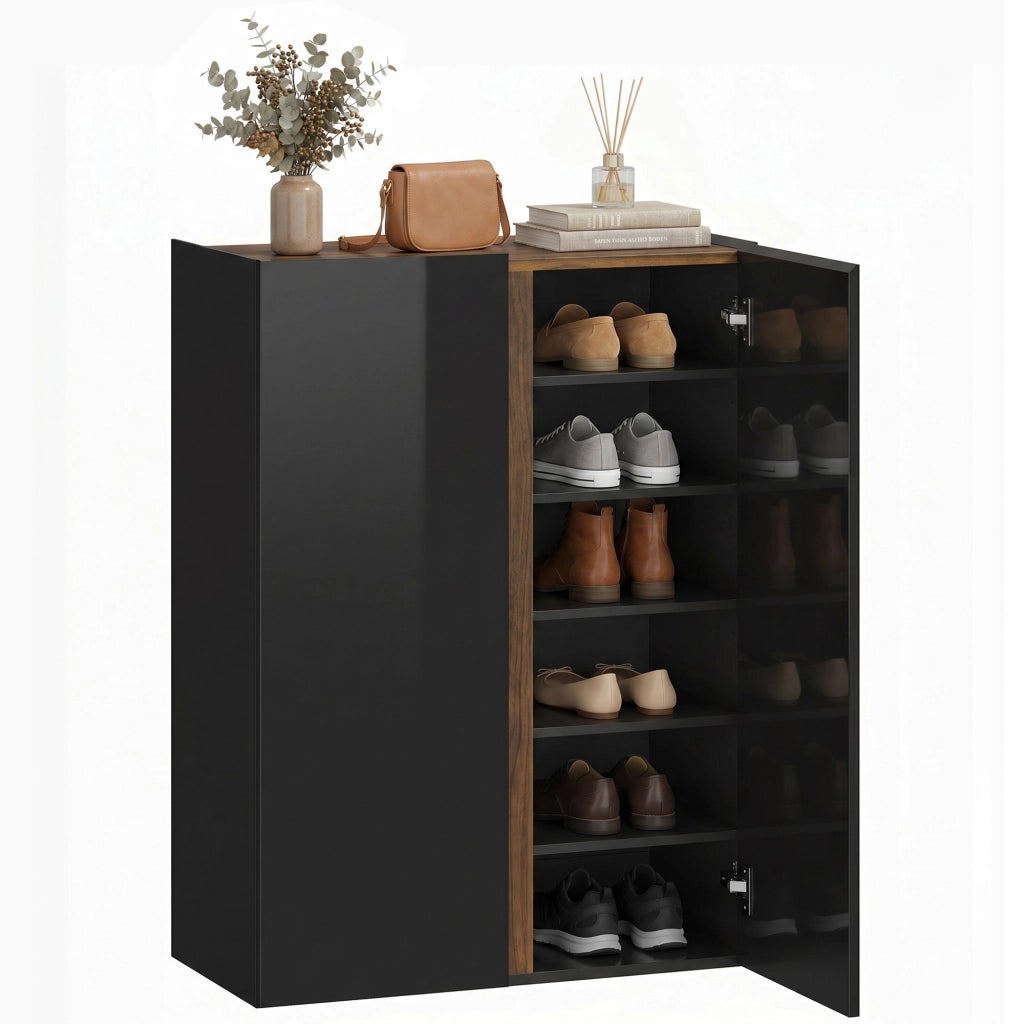 Scarpiera con apertura soft-close, 6 ripiani, design senza maniglie, nero lucido ¨C Minimal ¨C 80x35x185 cm