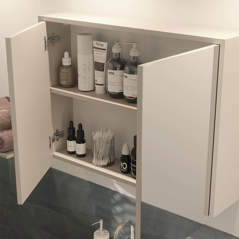 Specchio contenitore bagno J-Shape, Cashmere/Artigianale, 80 x 60 cm con 2 scomparti chiusi, per la conservazione di articoli da bagno e prodotti per l'igiene
