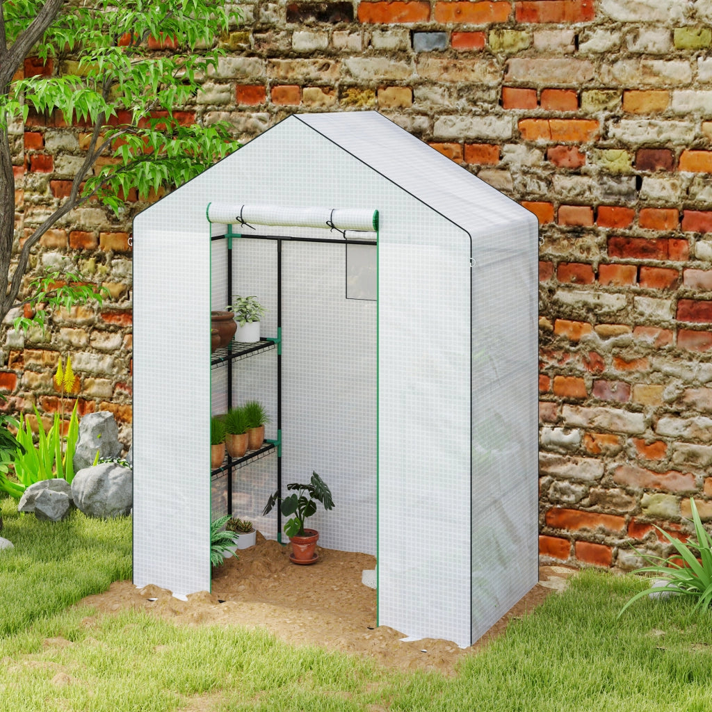 Serra da giardino in plastica con porta arrotolabile, finestre e ripiani laterali 143 x 74 x 190 cm