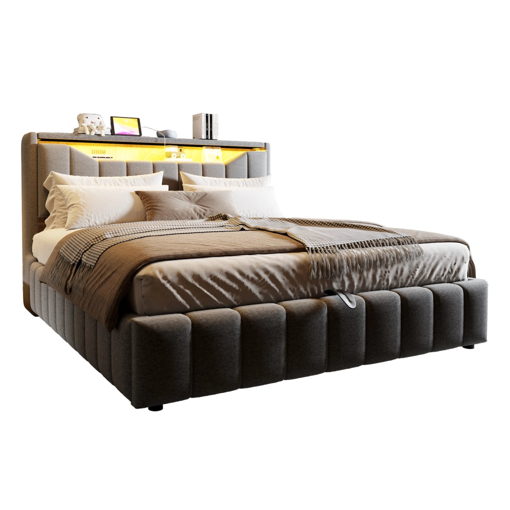 Letto imbottito 180x200 cm con contenitore; LED e USB in tessuto grigio
