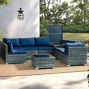 Set Salotto da Giardino per Patio 8 Pezzi Tavolo con Piano in Vetro in Polyrattan Blu