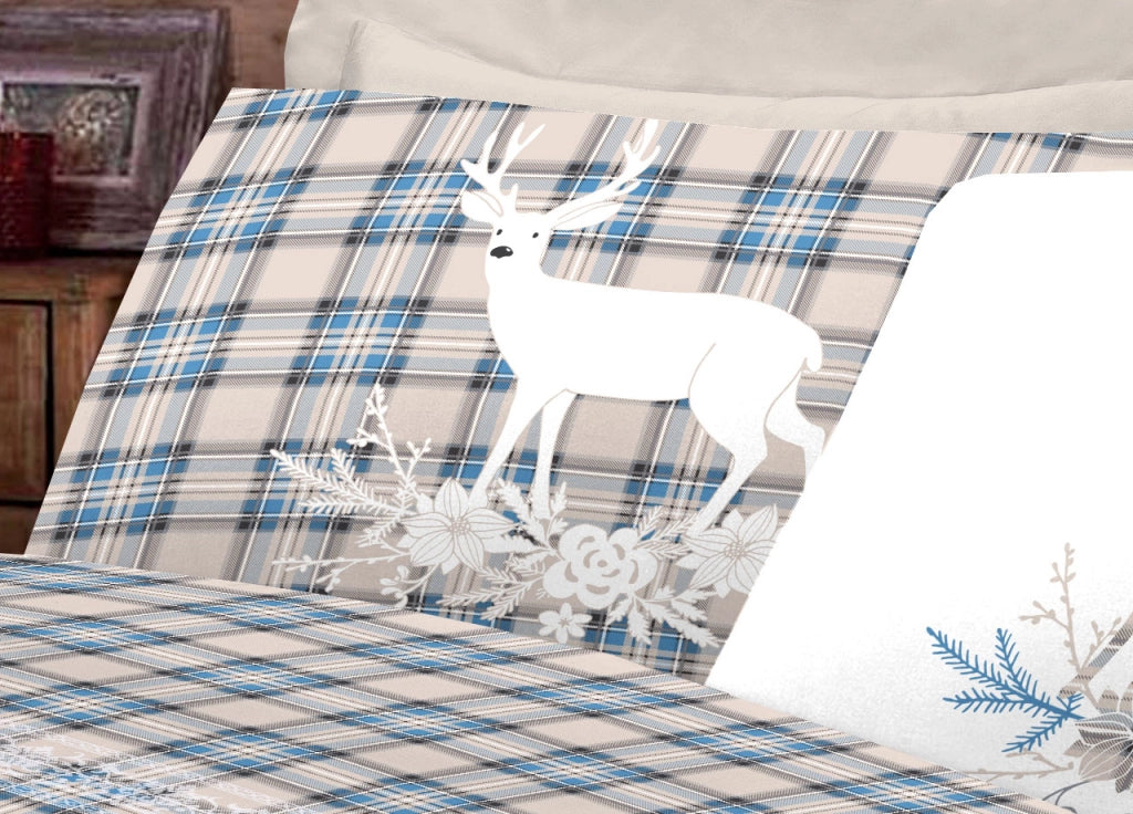Completo Lenzuola Flanella Pensieri Delicati 100% Cotone Disegno Cervo Tartan - Piazza E Mezza - Azzurro