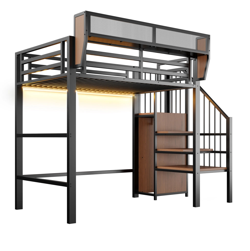 Letto a soppalco 90x200 cm in metallo e MDF; con scala di sicurezza; LED e ripiani; nero