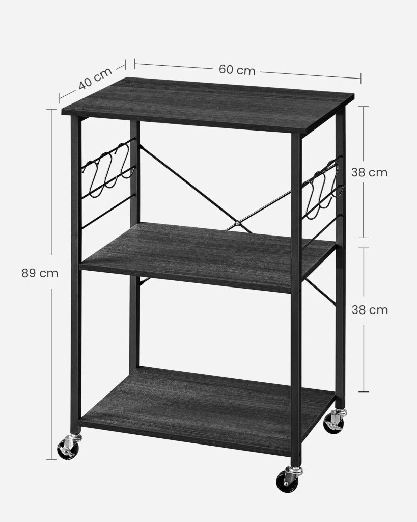 Carrello da cucina 40 x 60 x 89 cm carrello da cucina a 3 ripiani per microonde mini forno tostapane struttura in metallo con 6 ganci stile industriale marrone rustico 12_0005677