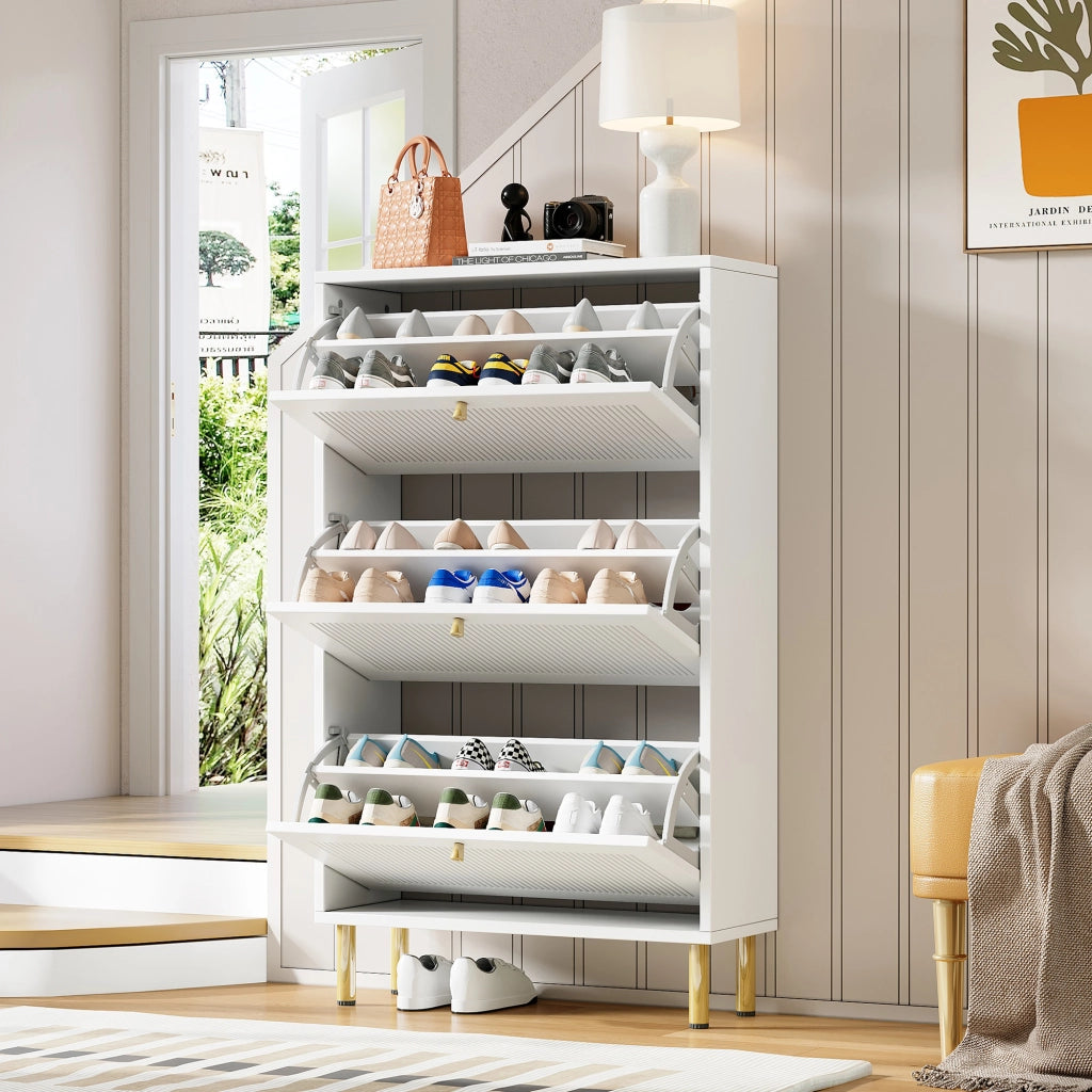 Scarpiera Slim con 3 Ante a Ribalta ¨C Xylo ¨C Bianco, 6 Ripiani, 73x23x125 cm