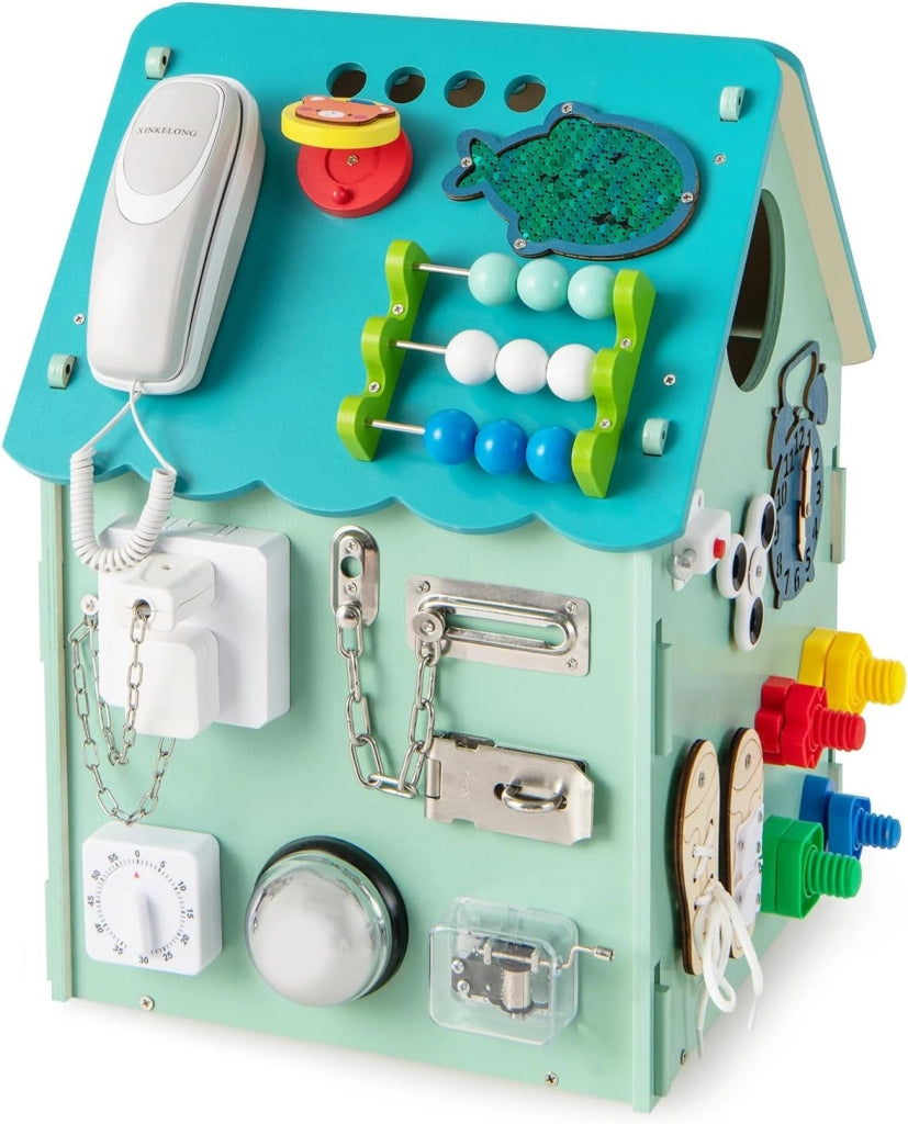 Occupato Montessori per Bambini, Casa da Gioco Montessori con Giochi Sensoriali e Spazio Interno, Giocattolo Educativo e Regalo per Bambini 3 Anni+ (Blu)