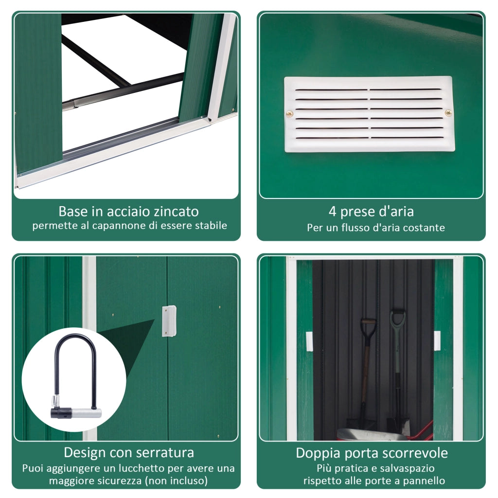 Easycomfort Casetta da Giardino 4.9 m² con Fondazione, 4 Prese d'Aria e 2 Porte Scorrevoli, Capanno Porta Attrezzi in Lamiera d'Acciaio, 277x195x192 cm, Verde Scuro