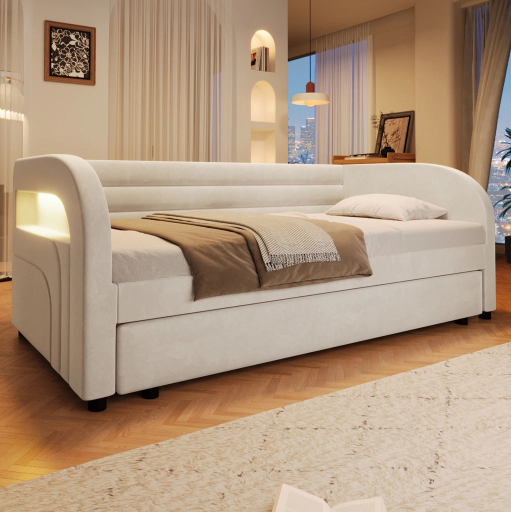 Letto imbottito 90x200 cm beige con letto estraibile e LED