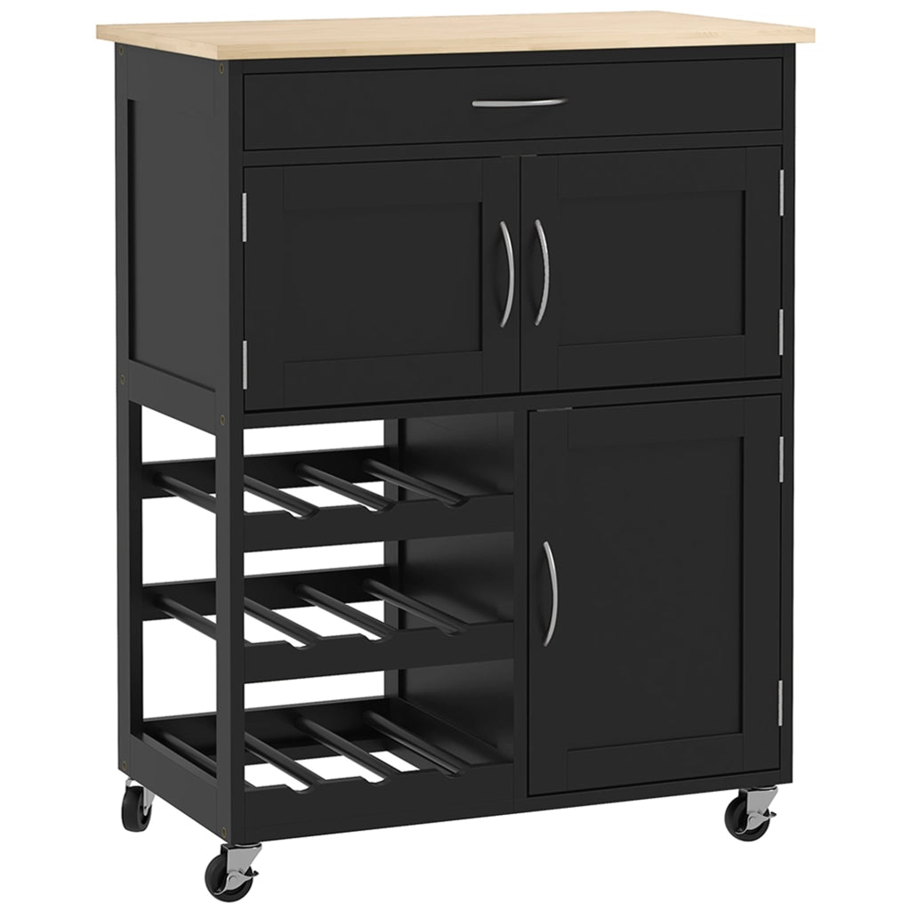 Carrello da Cucina in Legno con Portabottiglie, 3 Ante e Cassetto, 67x37x87 cm, Nero e Rovere
