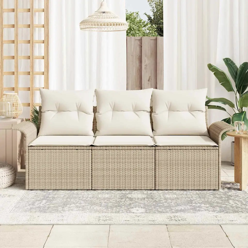 Set Divano da Giardino con cuscino 3 pz | Set Salotto da Giardino Beige Poly Rattan