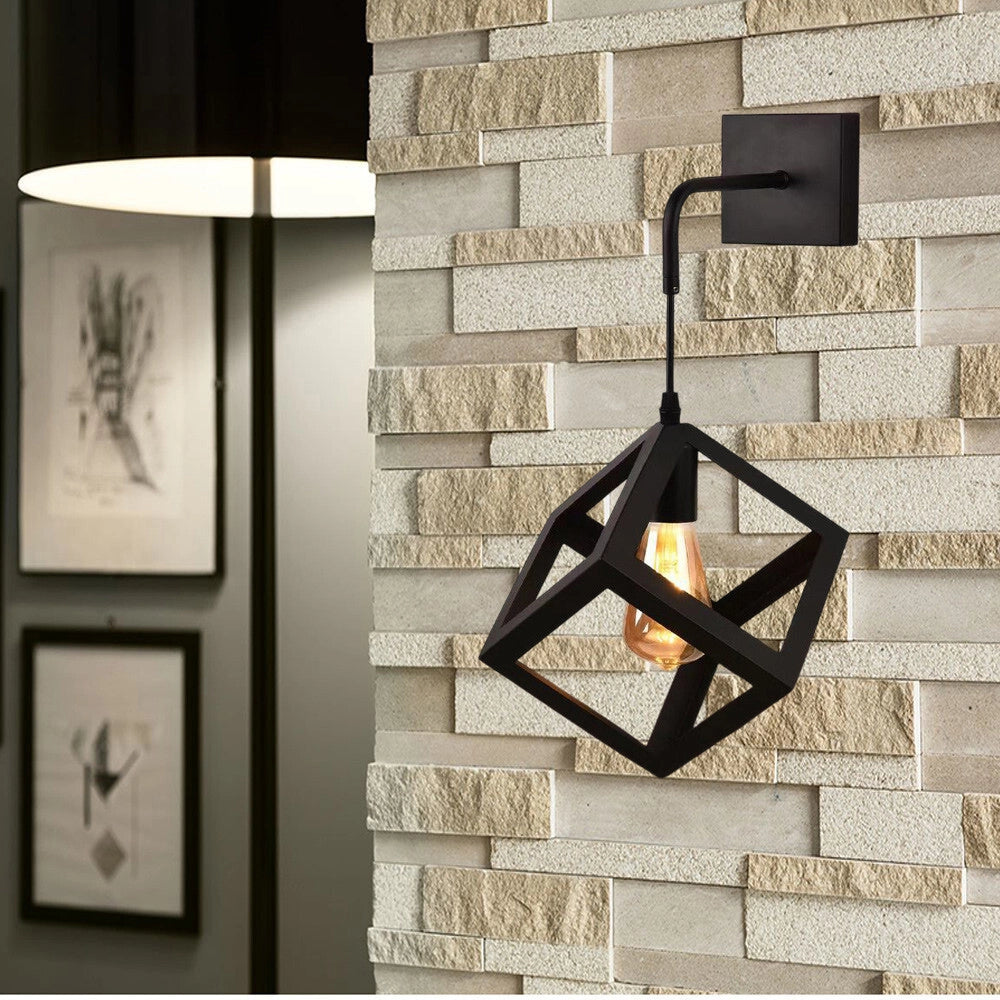 Trade Shop - Applique Da Parete Pendente A Forma Di Cubo 3d Stile Minimal Portalampada Attacco E27 Aq52 - Nero