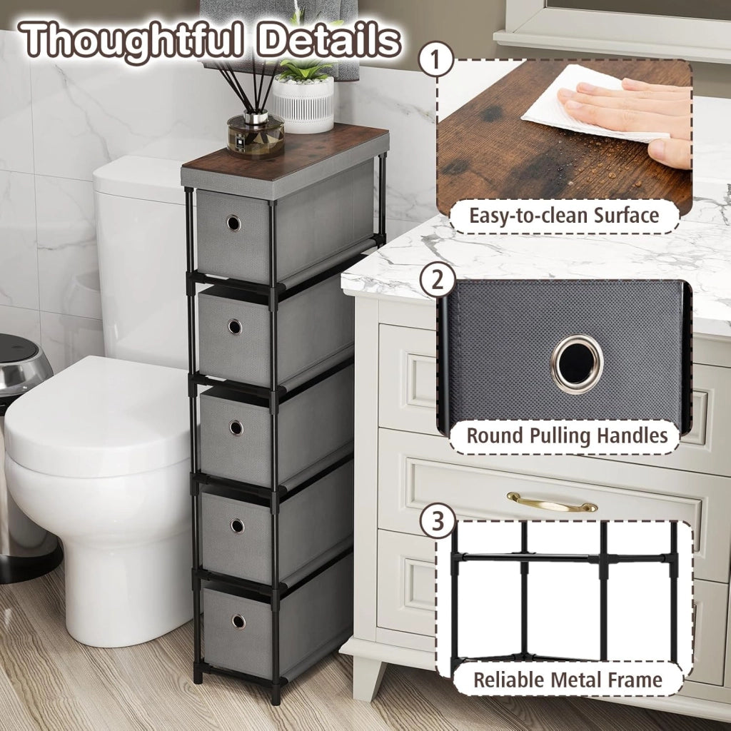 Cassettiera Stretto con 5 Cassetti in Tessuto Estraibili e Pieghevoli, Comò Camera da Letto con Telaio in Metallo, Mobile per Camera da Letto, Soggiorno, Ufficio, 40 x 19 x 100 cm (Grigio)
