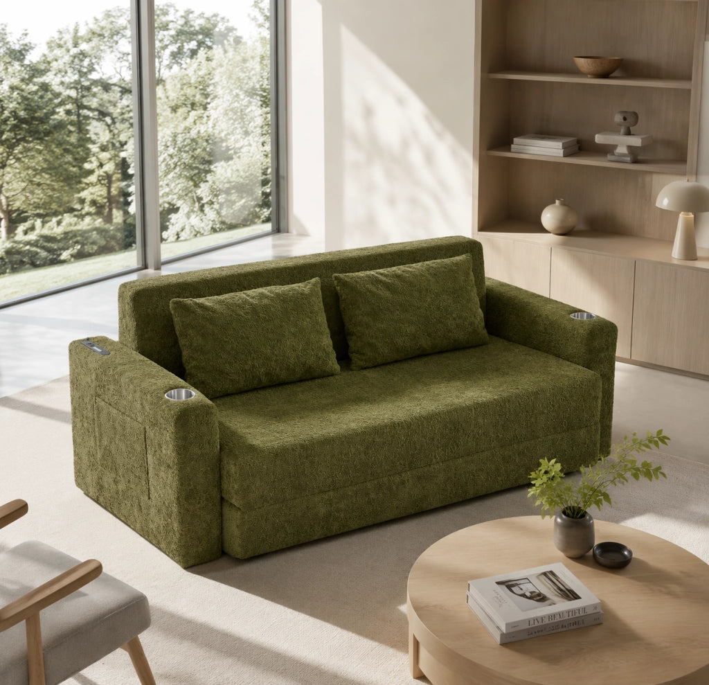 Divano letto convertibile 2 posti per piccoli spazi con porte USB, portabicchieri e tasche laterali in velluto verde