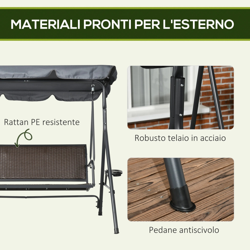 Easycomfort Dondolo da Giardino 3 Posti in Rattan PE e Acciaio con Tettuccio Regolabile e Portabicchieri, 204x112x150 cm