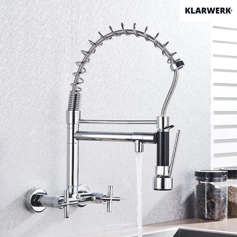 Björn | Herraje de pared para gastronomía argent brillante Grifo  cocina profesional de acero inoxidable con dos duchas|doble lavabo pared restaurante