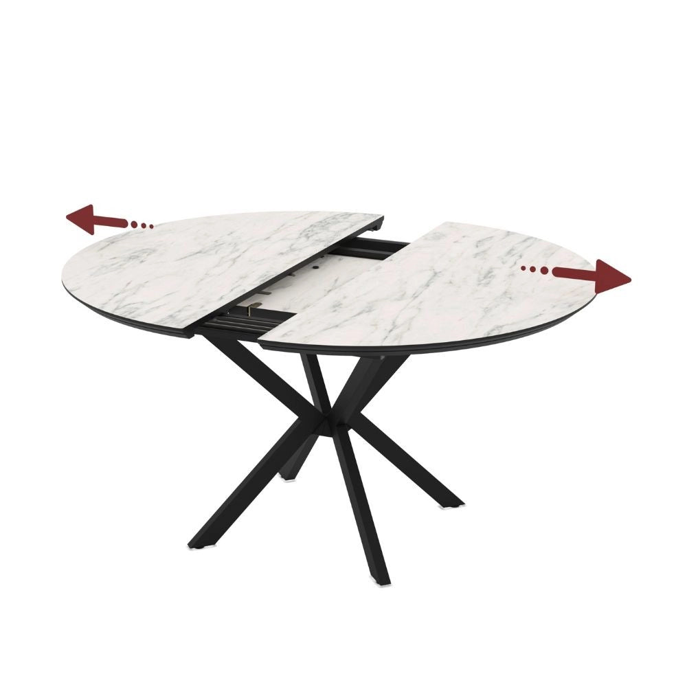 Tavolo rotondo allungabile Dobok piano effetto marmo bianco opaco 126x126x76H con gambe nere